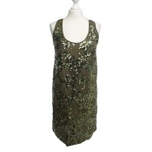 J CREW Olive Green Sequin Sleeveless Scoop Neck Lined Sheath Mini Shift Dress 00